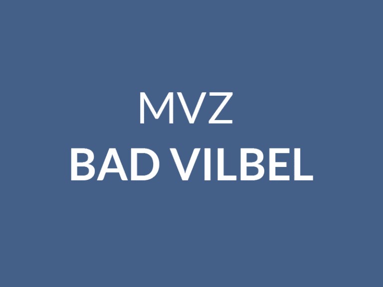 Der weiße Text auf blauem Hintergrund lautet "MVZ BAD VILBEL" in Großbuchstaben.